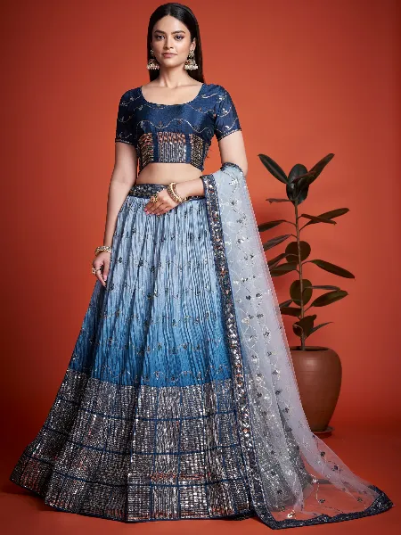 Sky blue Wedding Lehenga Choli in Embroidered Art silk - LC6437