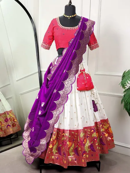 Paithani Lehenga in White With Pink Hand Work Blouse and Purple Dupatta