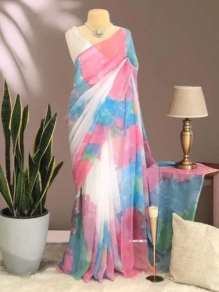Saree for Holi Festival in Pink Color Georgette with Digital Print and Blouse