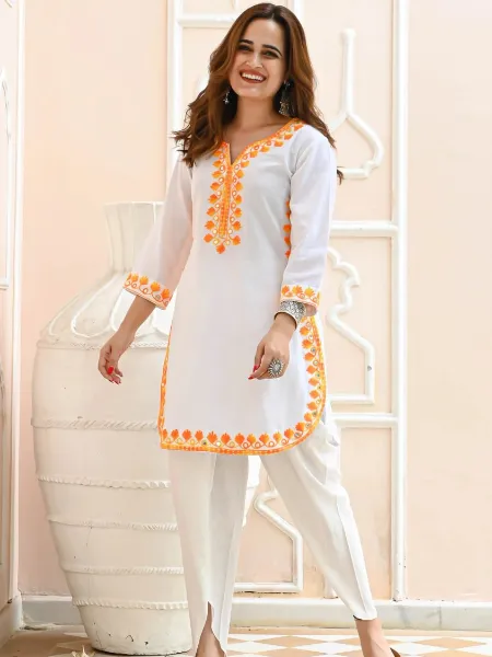 White Color Kurta with Dhoti in Cotton with Embroidery and Gota Patti Work