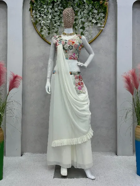 White Designer 3 Piece Western Dress With Sequence Work Top Palazzo and Dupatta