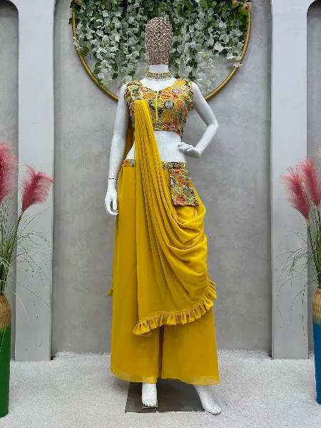 Yellow Designer 3 Piece Western Dress With Sequence Work Top Palazzo and Dupatta