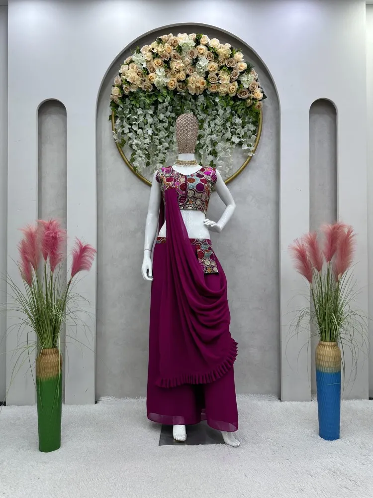 Buy Green Crop Top 3 Piece Suit - Georgette Indo Western Palazzo Suit –  Empress Clothing
