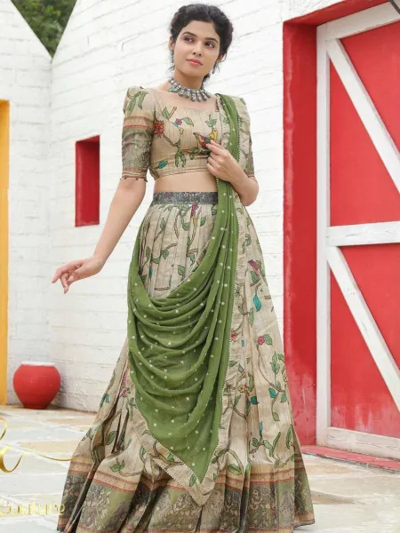 Pista Green Ready to Wear Lehenga Choli With Kalamkari Print in Malhari Silk