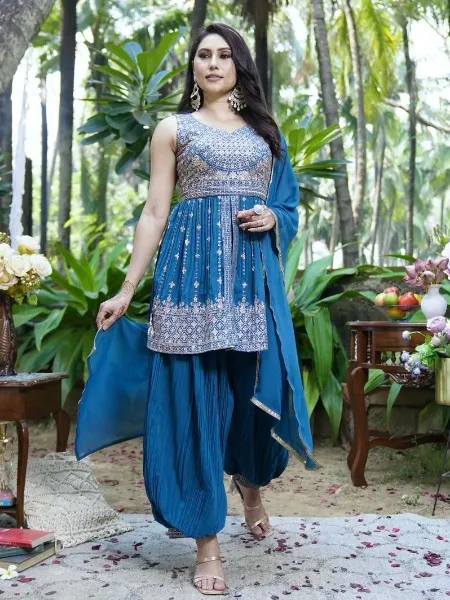 Blue Color Top and Dupatta With Afghan Dhoti in Georgette With Embroidery