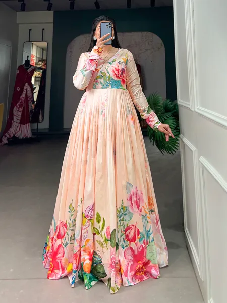 Cream Tussar Silk Gown With Beautiful Floral Print Work Ready to Wear Gown