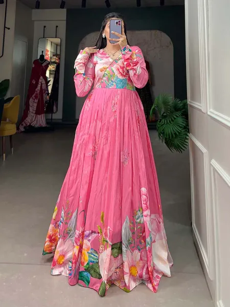 Pink Tussar Silk Gown With Beautiful Floral Print Work Ready to Wear Gown