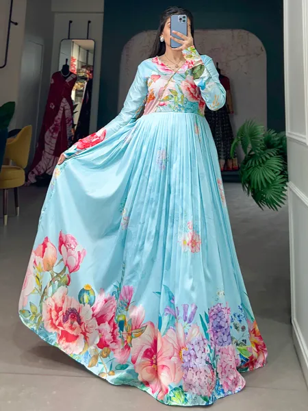 Sky Blue Tussar Silk Gown With Beautiful Floral Print Work Ready to Wear Gown