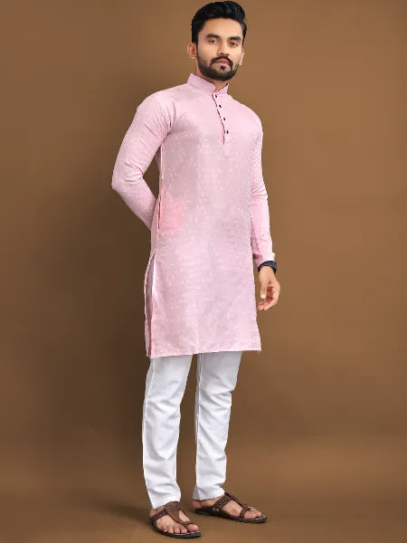 Light Pink Men's Kurta Pajama Set in Jacquard With Weaving Work
