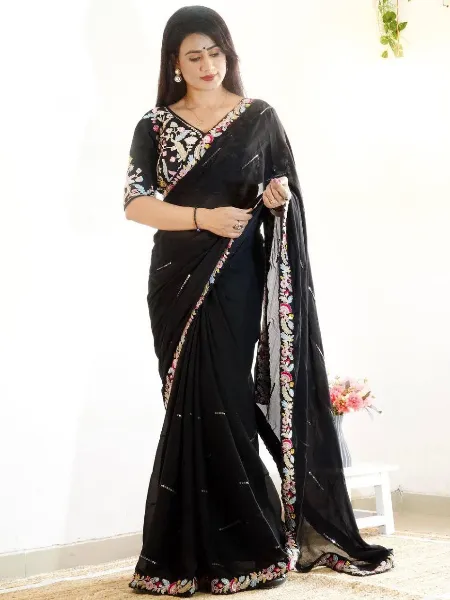 Black Saree With Readymade Blouse in Rangoli Silk With Sequence Embroidery