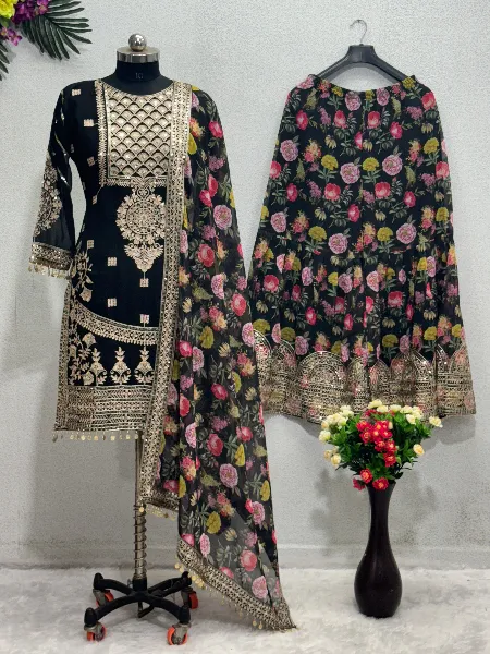 Black Sharara Suit in Georgette With Embroidery and Print With Dupatta Heavy Sharara Suit
