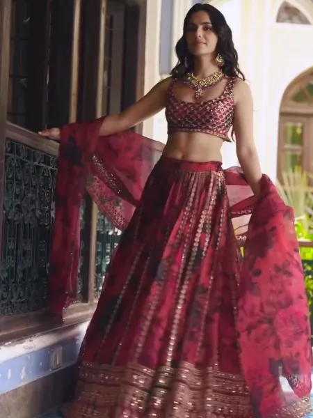 Maroon Color Bridal Lehenga Choli in Georgette With Print and Embroidery