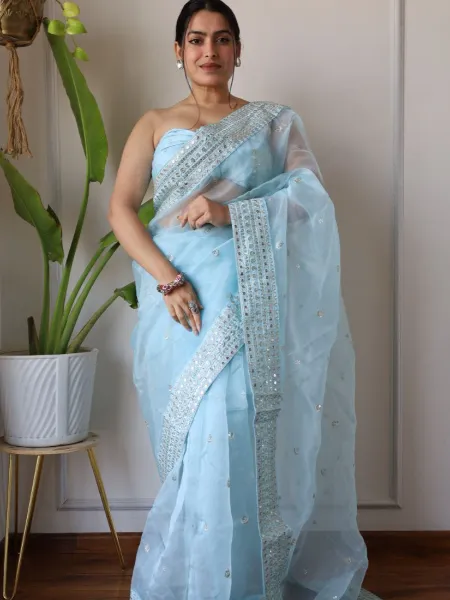 Sky Blue Saree in Organza Silk With Sequence and Zari Thread Embroidery Work