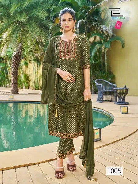 Mehendi Kurta Pant & Dupatta for Women in Rayon With Print and Embroidery