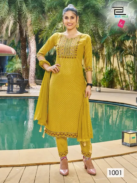 Mustard Kurta Pant & Dupatta for Women in Rayon With Print and Embroidery