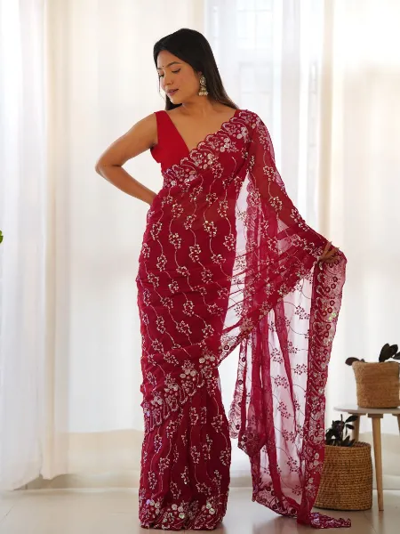 Sequins Embroidery Saree in Pink Simmer Georgette Indian Designer Saree