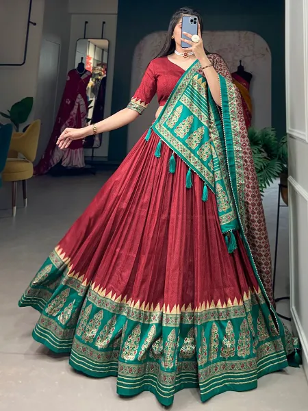 Red Tussar Silk Lehenga Choli With Print and Foil Work With Heavy Dupatta