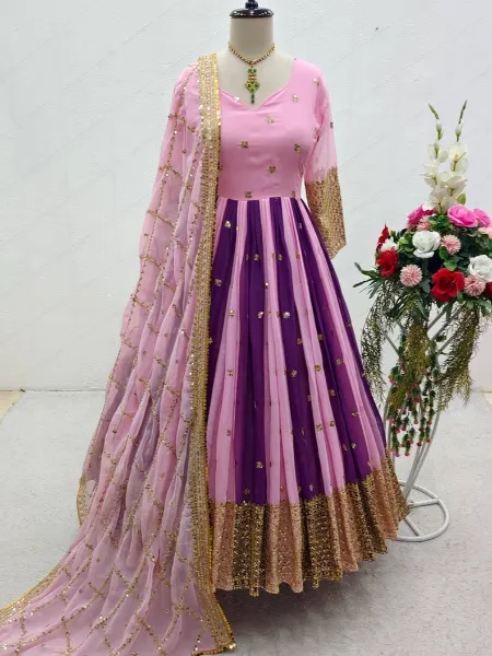 Pink and Purple Color Georgette Gown With Sequins Embroidery Work and Dupatta
