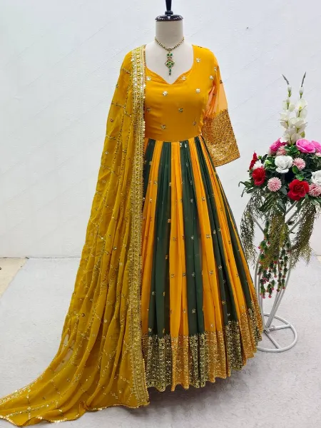Mustard and Green Color Georgette Gown With Sequins Embroidery Work and Dupatta