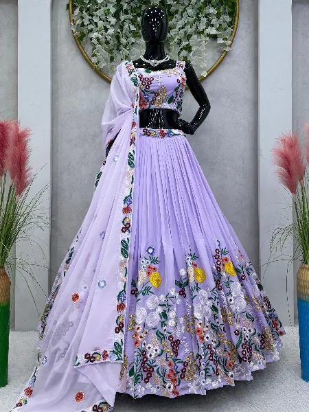 Lavender Color Haldi Lehenga Choli With Heavy Colorful Thread Embroidery Work