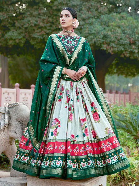 Green Lehenga Choli in Tussar Silk With Floral and Patola Print With Dupatta