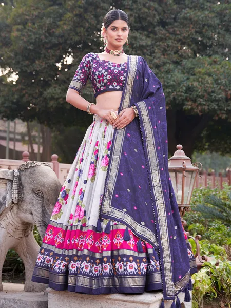 Navy Blue Lehenga Choli in Tussar Silk With Floral and Patola Print With Dupatta