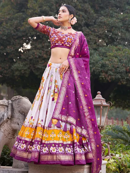 Purple Lehenga Choli in Tussar Silk With Floral and Patola Print With Dupatta