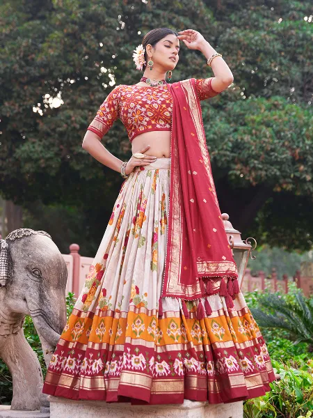 Red Lehenga Choli in Tussar Silk With Floral and Patola Print With Dupatta