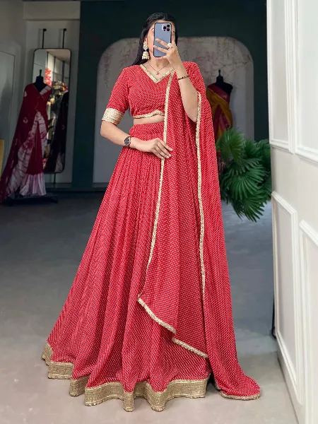 Indian Lehenga Choli in Red Color Georgette With Digital Print and Lace