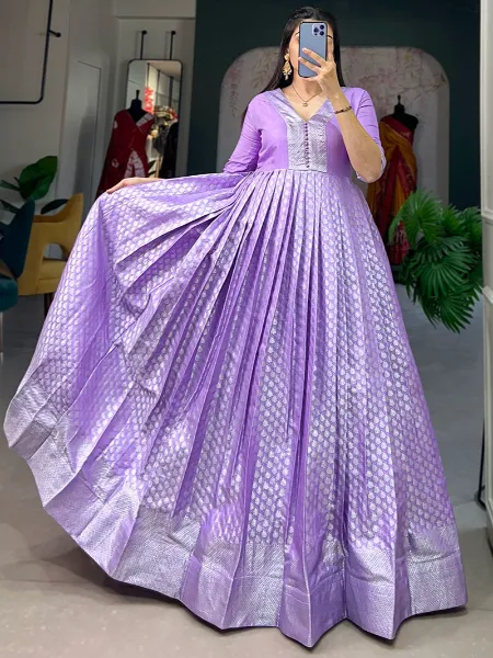 Lavender Jacquard Silk Gown With Beautiful Weaving Work Ready to Wear Gown