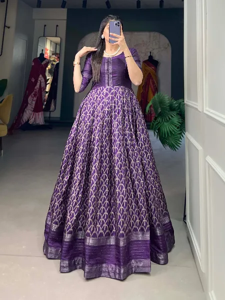 Purple Ready to Wear Gown in Dola Silk With Print and Zari Border