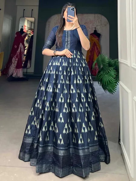 Navy Blue Ready to Wear Gown in Dola Silk With Print and Zari Border