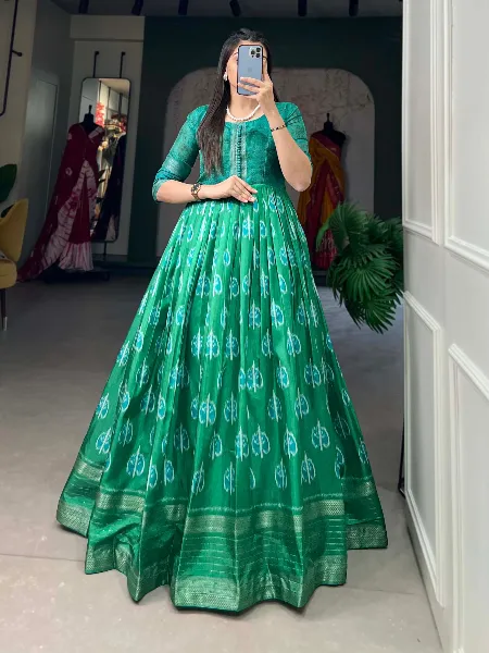 Green Ready to Wear Gown in Dola Silk With Print and Zari Border