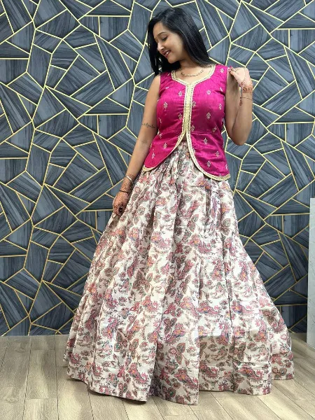 Bollywood Trendy Pink And White Floral Printed Crop Top Lehenga For Girl  And Women at best price in Surat