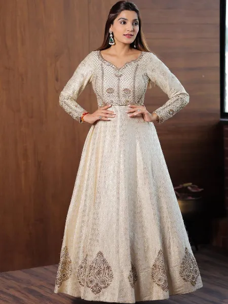 Cream Ready to Wear Gown in Cream Color Jacquard Fabric With Embroidery Work