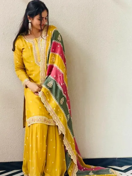 Yellow Sharara Suit in Georgette With Embroidery and Print Dupatta Heavy Sharara Suit