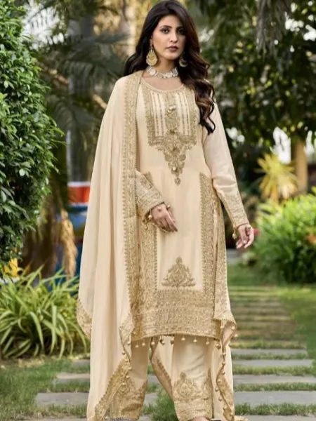 Cream Color Eid Suit in Georgette With Sequence Embroidery and Dupatta Ramazan Suit
