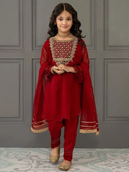Red Top With Pant and Dupatta for Kids in Georgette With Embroidery Kids Wear