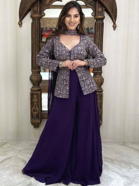 Purple Sharara Suit in Georgette With Heavy Embroidery Work and Fancy Dupatta