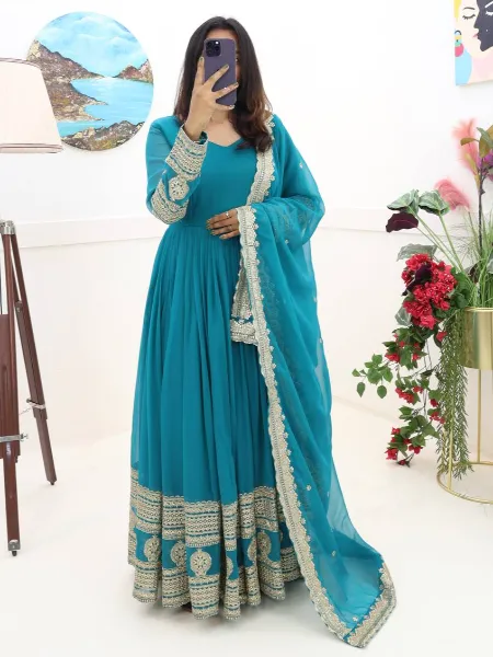Aqua Blue Gown in Georgette With Dupatta Indian Designer Gown With Embroidery