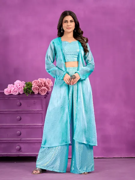 Sky Blue Ready to Wear Choli and Palazzo With Shrug and Embroidery Work
