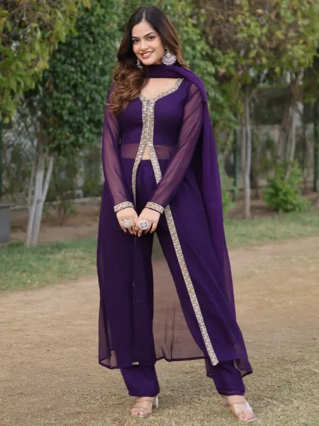 Wine Color Top Pant and Dupatta in Georgette With Embroidery Front Slit Dress