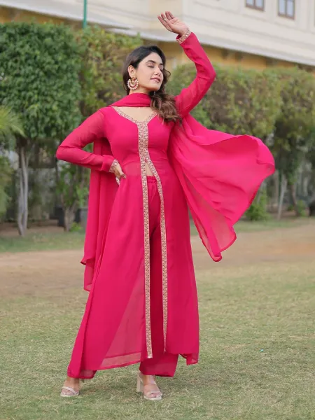 Pink Color Top Pant and Dupatta in Georgette With Embroidery Front Slit Dress