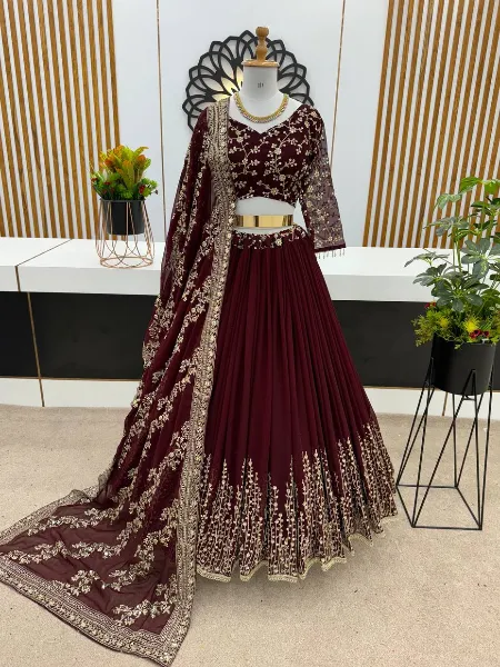 Coffee Color Georgette Lehenga Choli With Sequence Embroidery Ready to Wear