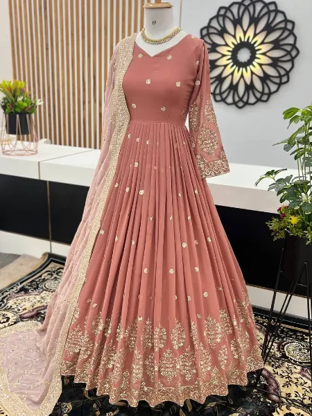 Dusty Pink Anarkali Gown With Heavy Embroidery Sequence Work in Georgette
