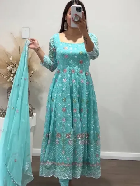 Sky Blue Anarkali Gown With Heavy Embroidery Sequence Work in Georgette