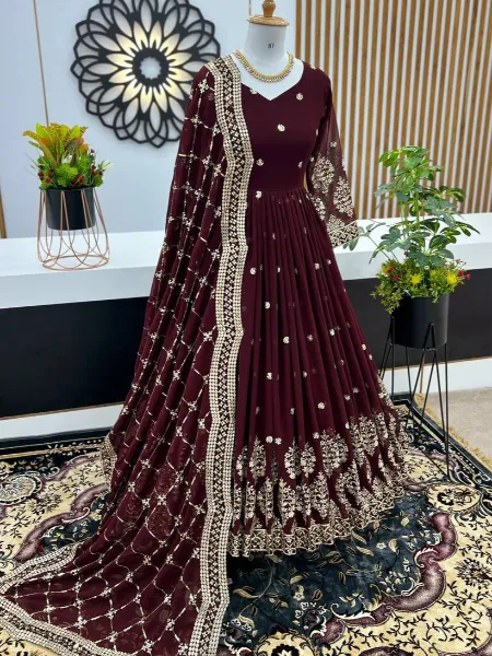 Coffee Anarkali Gown With Heavy Embroidery Sequence Work in Georgette