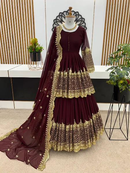 Coffee Color Designer Indo Western With Sequence Embroidery and Dupatta