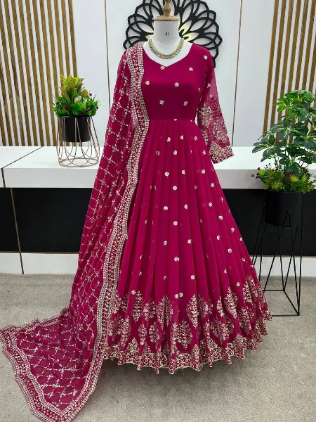 Rani Pink Anarkali Gown With Heavy Embroidery Sequence Work in Georgette