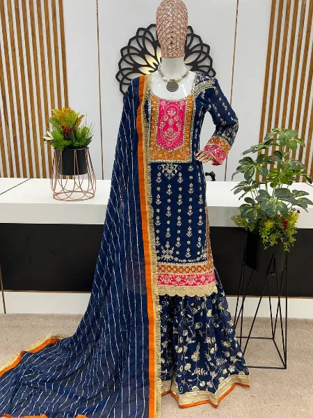 Blue Color Top Gharara Dress in Georgette With Heavy Embroidery Work